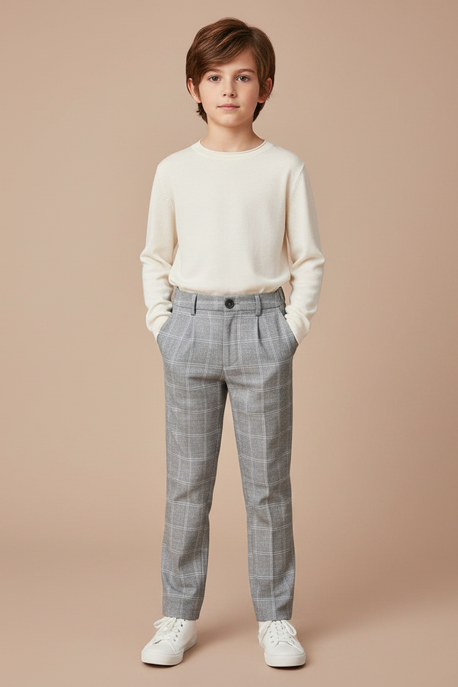 Pantalon Carotte Carreaux Gris - Laine