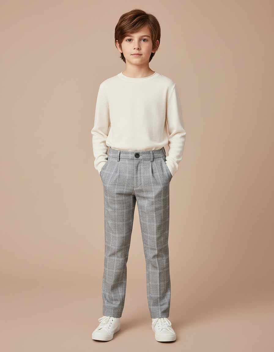 Pantalon Carotte Carreaux Gris - Laine