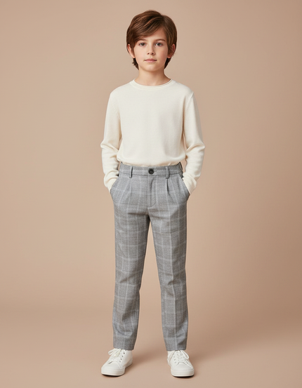 Pantalon Carotte Carreaux Gris - Laine