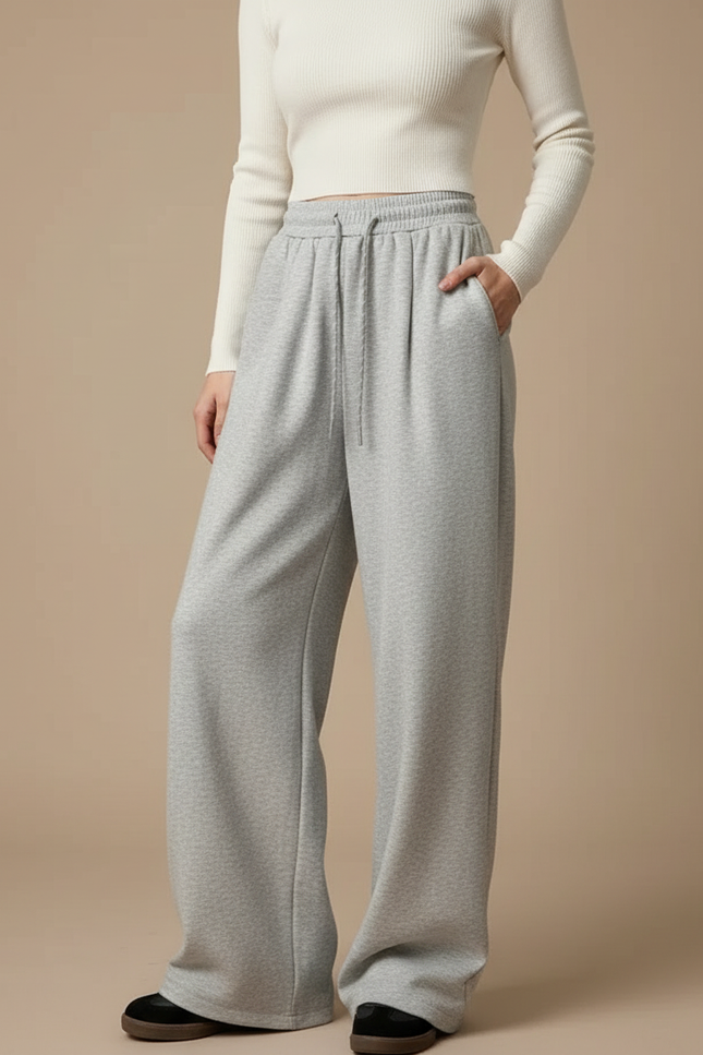 Pantalon Gris Ample Décontracté Cordon Taille Haute - Molleton