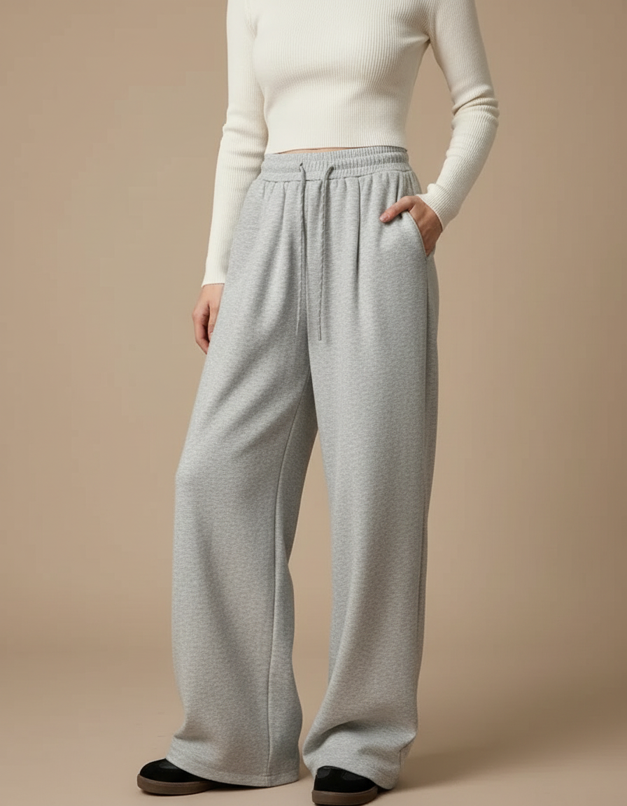 Pantalon Gris Ample Décontracté Cordon Taille Haute - Molleton