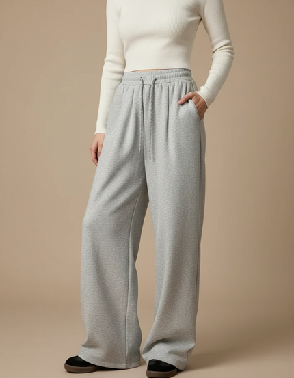 Pantalon Gris Ample Décontracté Cordon Taille Haute - Molleton