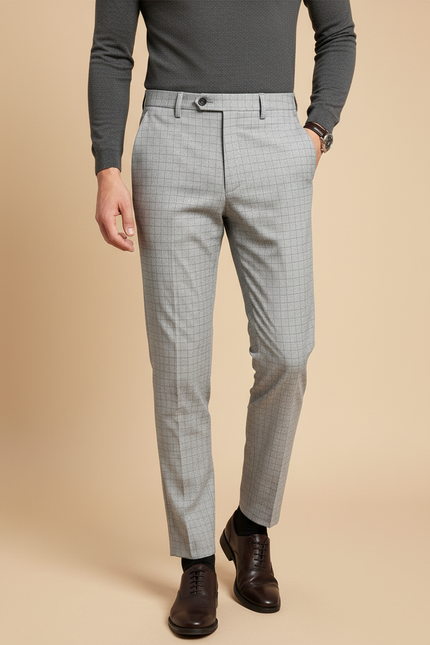 Pantalon Gris Carreaux Slim Élégant Business Homme - Laine