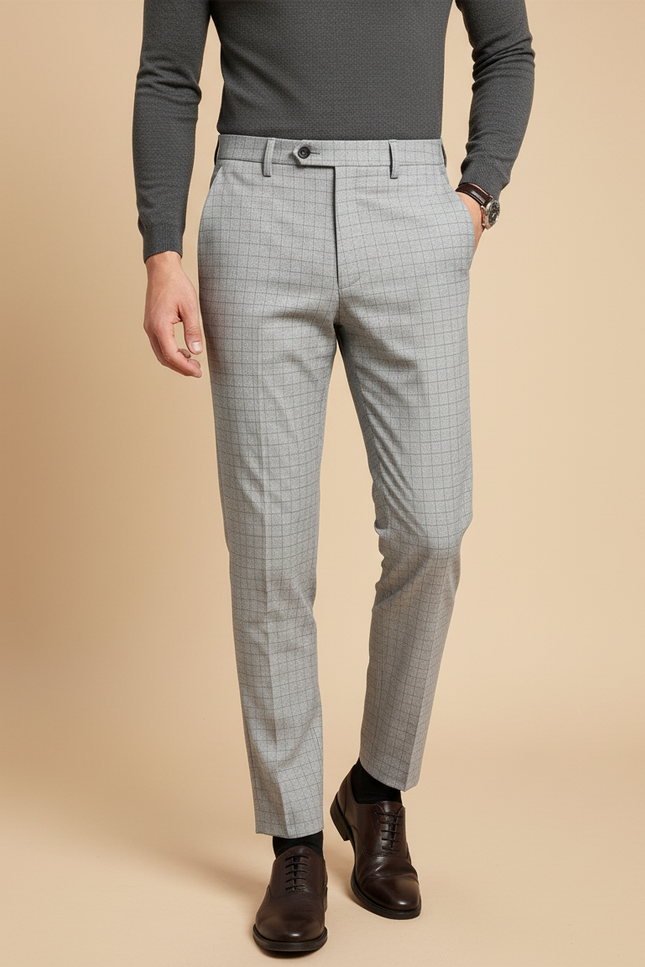Pantalon Gris Carreaux Slim Élégant Business Homme - Laine