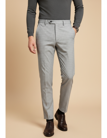 Pantalon Gris Carreaux Slim Élégant Business Homme - Laine