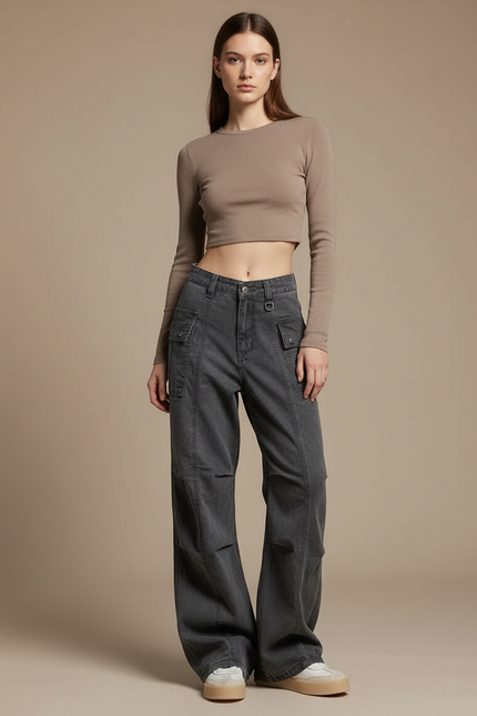 Pantalon Gris Cargo Ample Jambe Large Femme - Jean