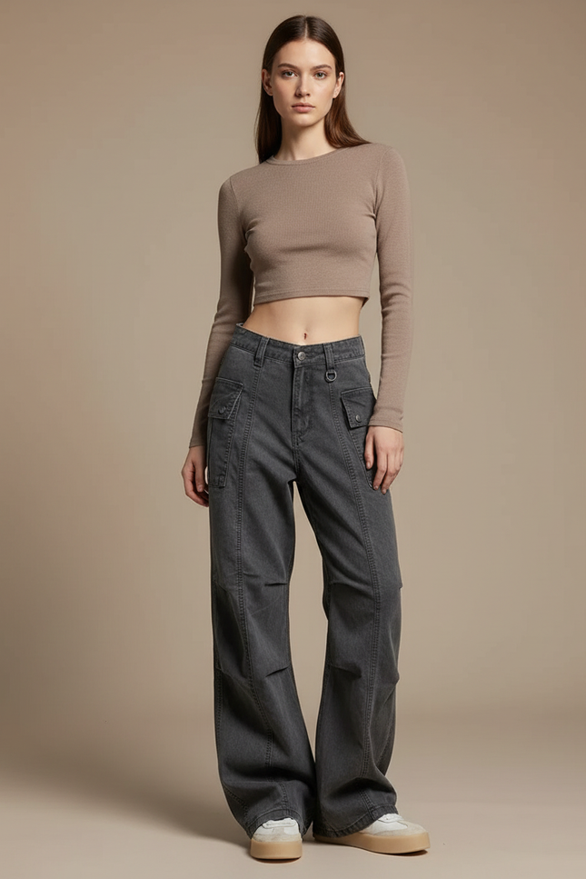 Pantalon Gris Cargo Ample Jambe Large Femme - Jean