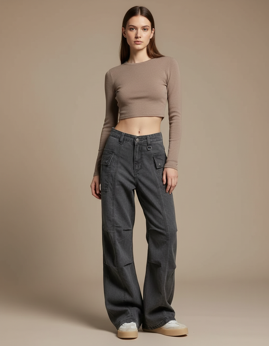 Pantalon Gris Cargo Ample Jambe Large Femme - Jean