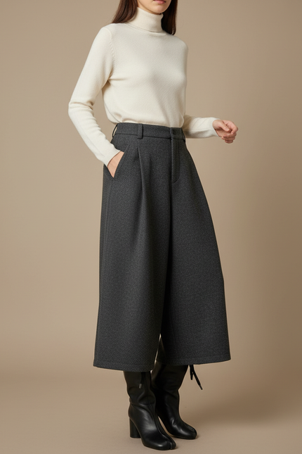 Pantalon Gris Laine Plissé Ample Femme Hiver - Tweed