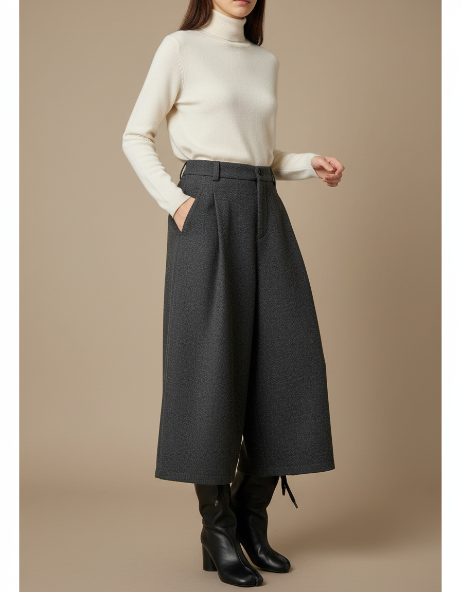 Pantalon Gris Laine Plissé Ample Femme Hiver - Tweed