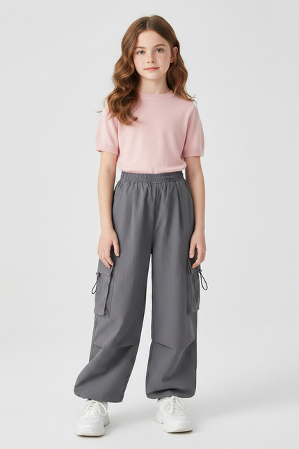 Pantalon Gris Cargo Ample Décontracté Fille - Polyester