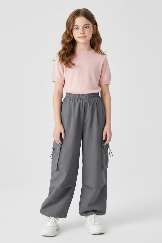 Pantalon Gris Cargo Ample Décontracté Fille - Polyester