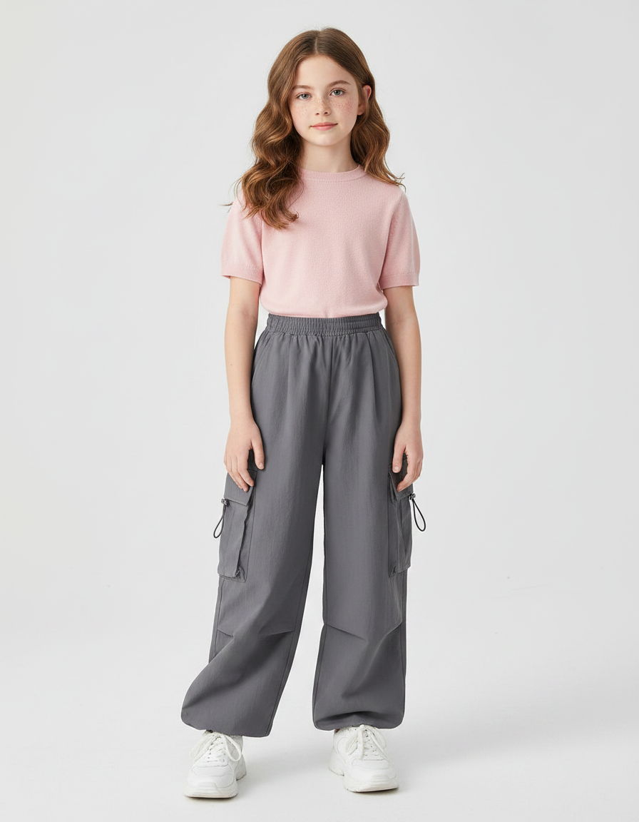 Pantalon Gris Cargo Ample Décontracté Fille - Polyester