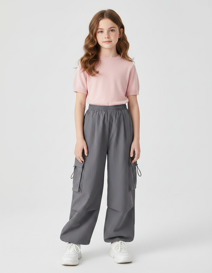 Pantalon Gris Cargo Ample Décontracté Fille - Polyester