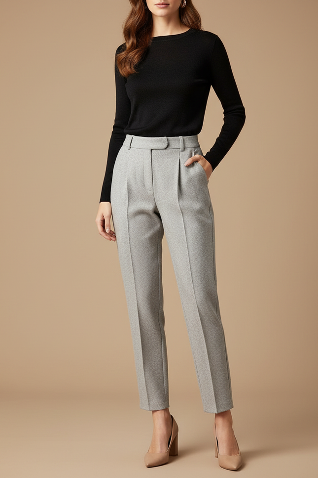 Pantalon Gris Plissé Taille Haute Élégant Femme - Laine