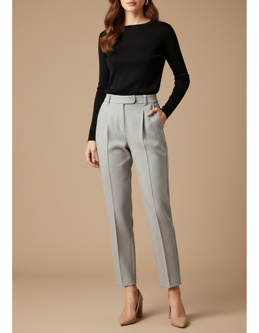 Pantalon Gris Plissé Taille Haute Élégant Femme - Laine