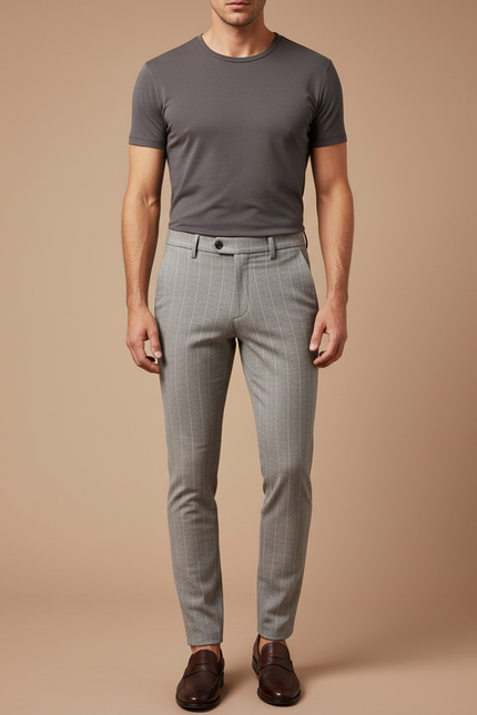 Pantalon Gris Slim Rayé Habillé Homme - Gabardine