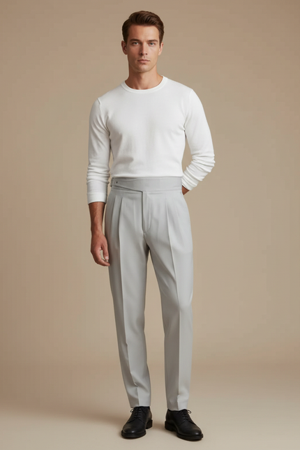 Pantalon Gris Homme Plissé Taille Haute Élégant - Gabardine