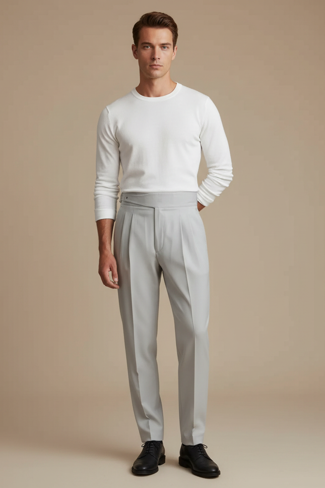 Pantalon Gris Homme Plissé Taille Haute Élégant - Gabardine
