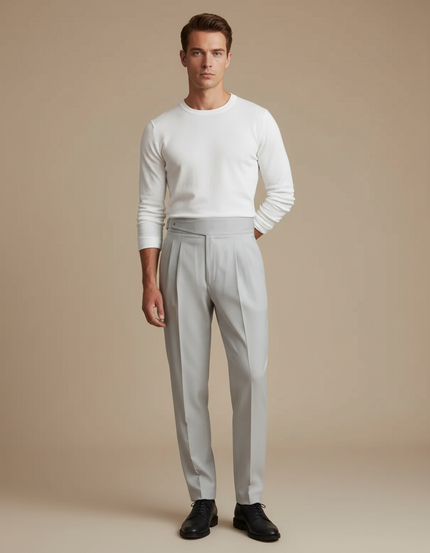Pantalon Gris Homme Plissé Taille Haute Élégant - Gabardine