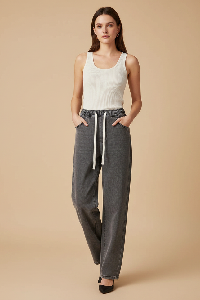 Pantalon Gris Décontracté Ample Droit Taille Élastique - Jean