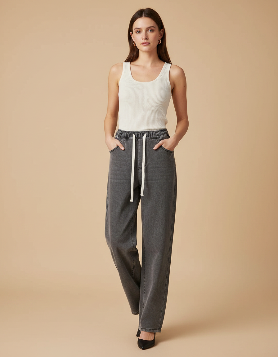 Pantalon Gris Décontracté Ample Droit Taille Élastique - Jean