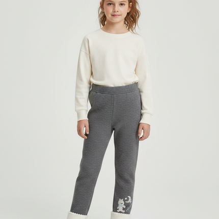 Pantalon Gris Côtelé Brodé Doublé Sherpa Enfant - Maille