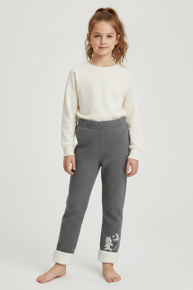 Pantalon Gris Côtelé Brodé Doublé Sherpa Enfant - Maille