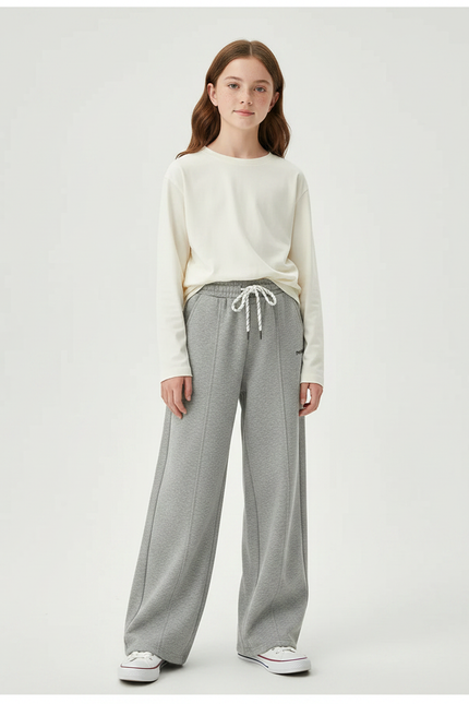 Pantalon Gris Large Molletonné Cordon Décontracté Fille