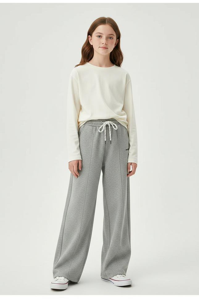 Pantalon Gris Large Molletonné Cordon Décontracté Fille