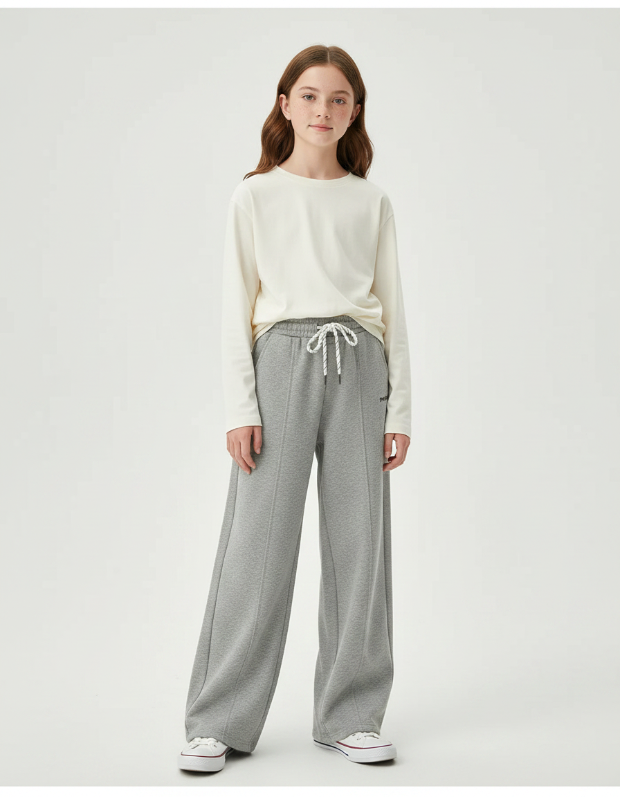 Pantalon Gris Large Molletonné Cordon Décontracté Fille