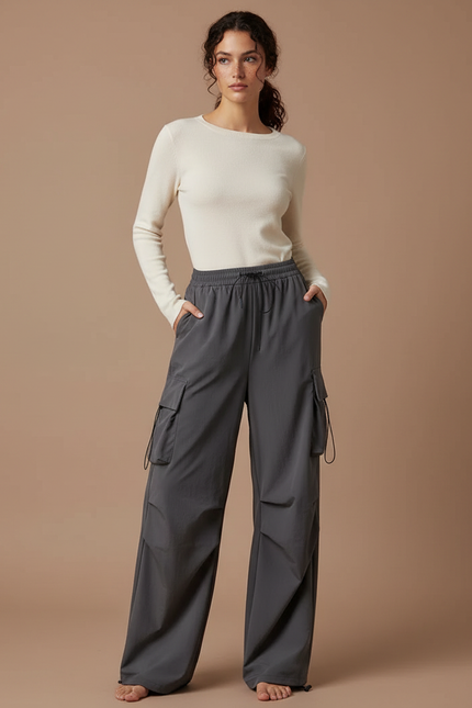 Pantalon Gris Cargo Ample Femme Taille Haute - Polyester