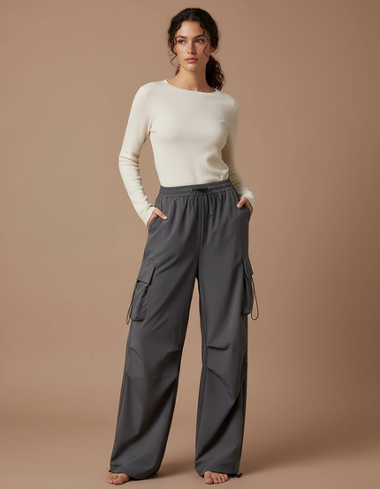 Pantalon Gris Cargo Ample Femme Taille Haute - Polyester