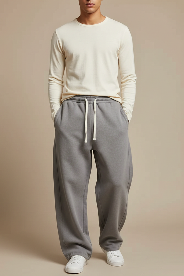 Pantalon Gris Large Molletonné Confortable Décontracté Cordon