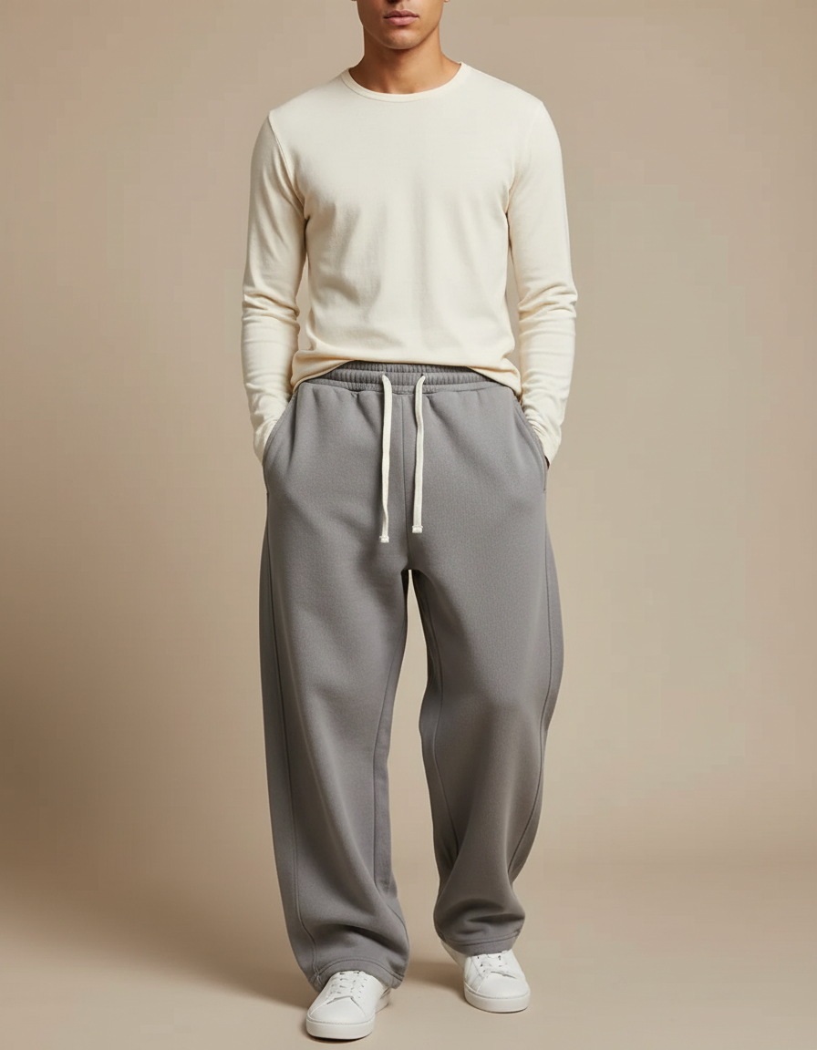 Pantalon Gris Large Molletonné Confortable Décontracté Cordon