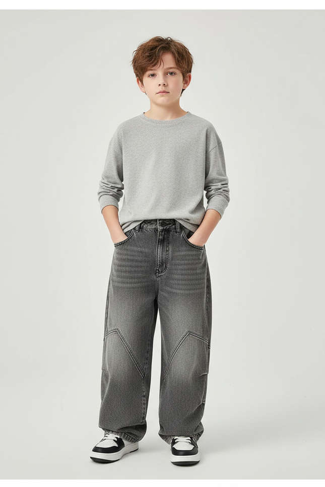 Pantalon Gris Droit Ample Décontracté Enfant Denim - Jean