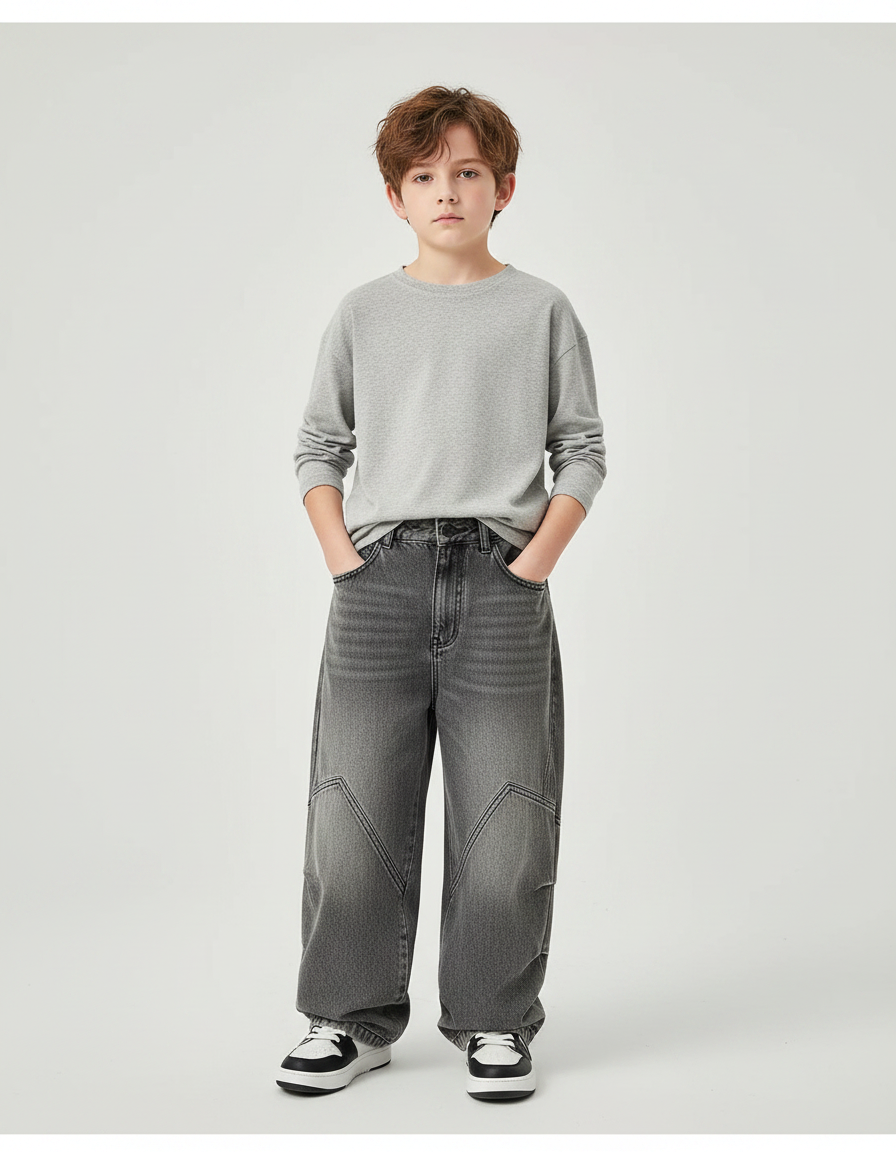 Pantalon Gris Droit Ample Décontracté Enfant Denim - Jean