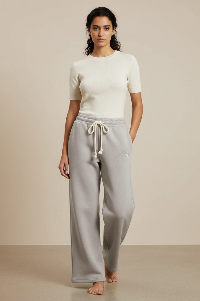Pantalon Gris Ample Décontracté Molletonné Cordon Brodé Femme