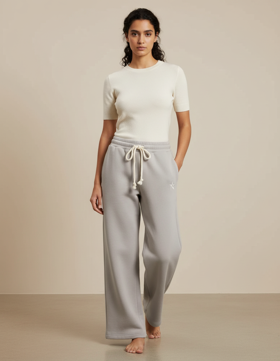 Pantalon Gris Ample Décontracté Molletonné Cordon Brodé Femme