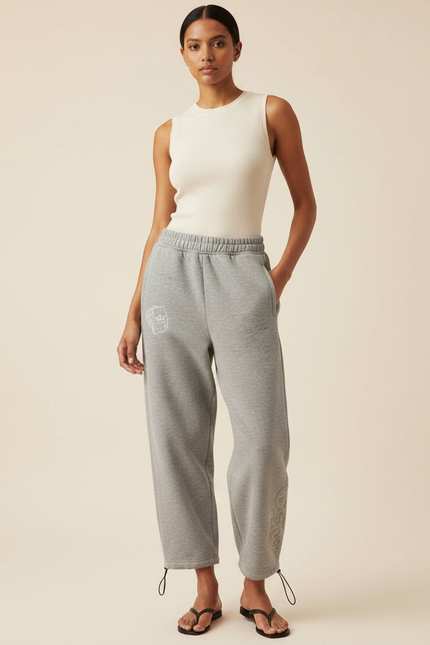 Pantalon Gris Molletonné Ample Décontracté Brodé Cordon