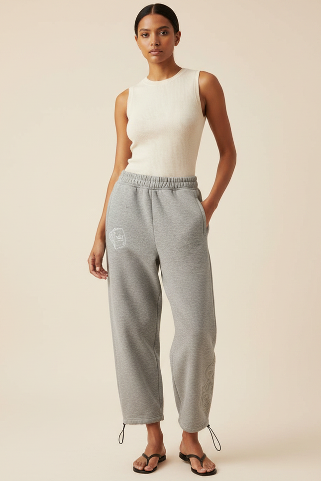 Pantalon Gris Molletonné Ample Décontracté Brodé Cordon