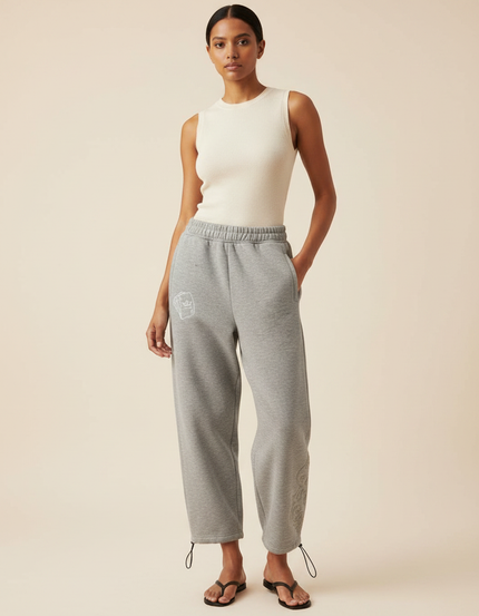 Pantalon Gris Molletonné Ample Décontracté Brodé Cordon