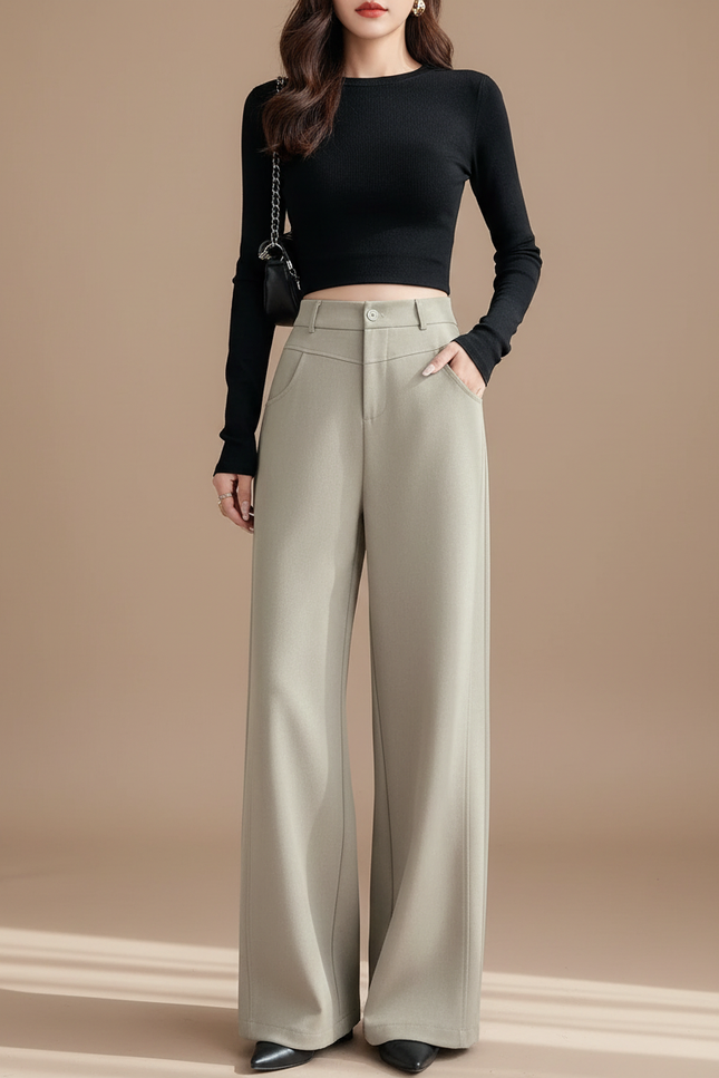 Pantalon Gris Ample Fluide Taille Haute Élégant - Polyester