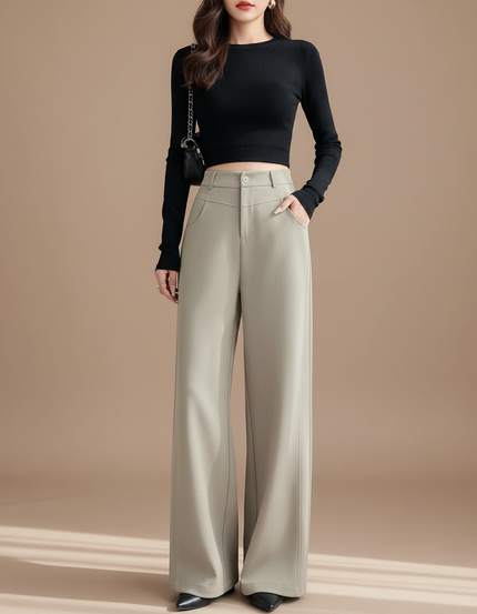 Pantalon Gris Ample Fluide Taille Haute Élégant - Polyester
