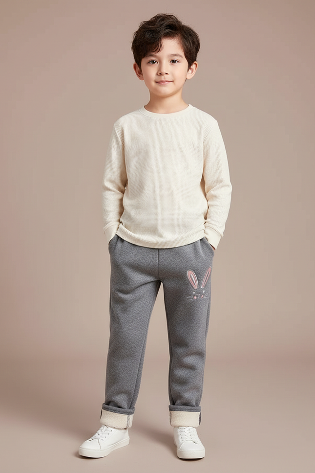 Pantalon Gris Molletonné Enfant Brodé Lapin Chaud