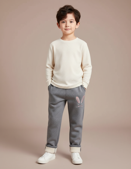 Pantalon Gris Molletonné Enfant Brodé Lapin Chaud