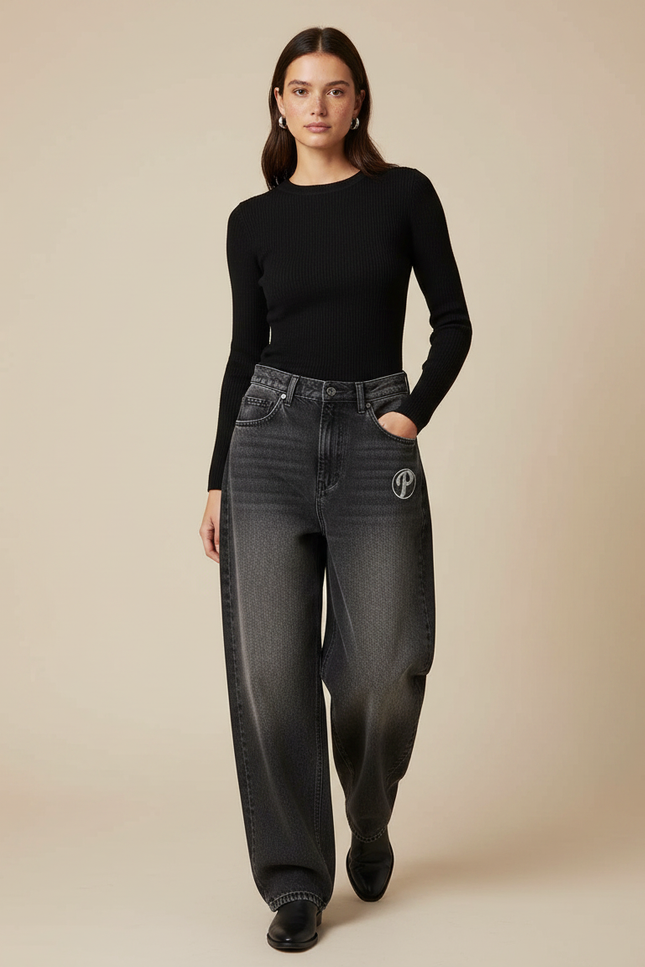 Pantalon Gris Jean Ample Brodé Décontracté Femme
