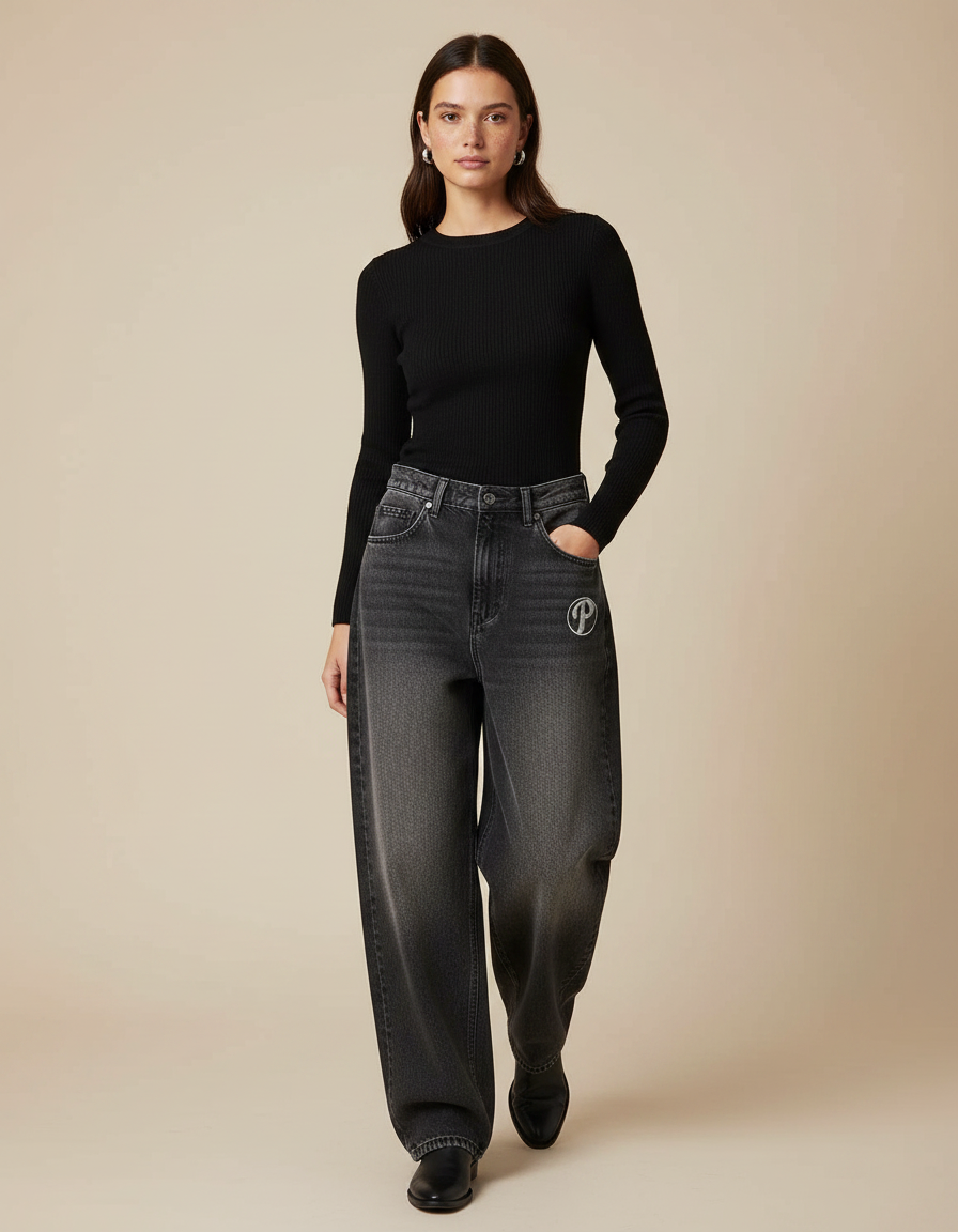 Pantalon Gris Jean Ample Brodé Décontracté Femme