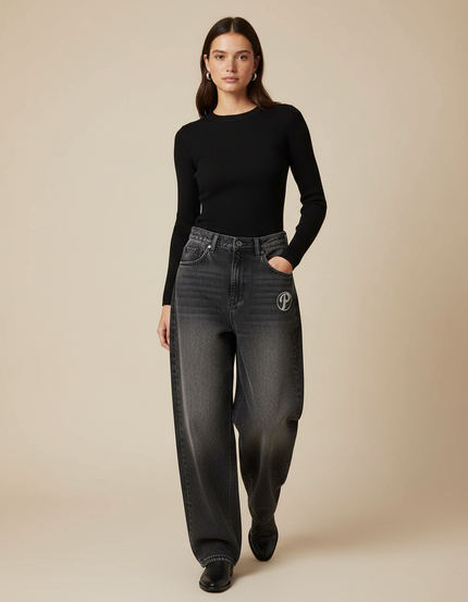 Pantalon Gris Jean Ample Brodé Décontracté Femme