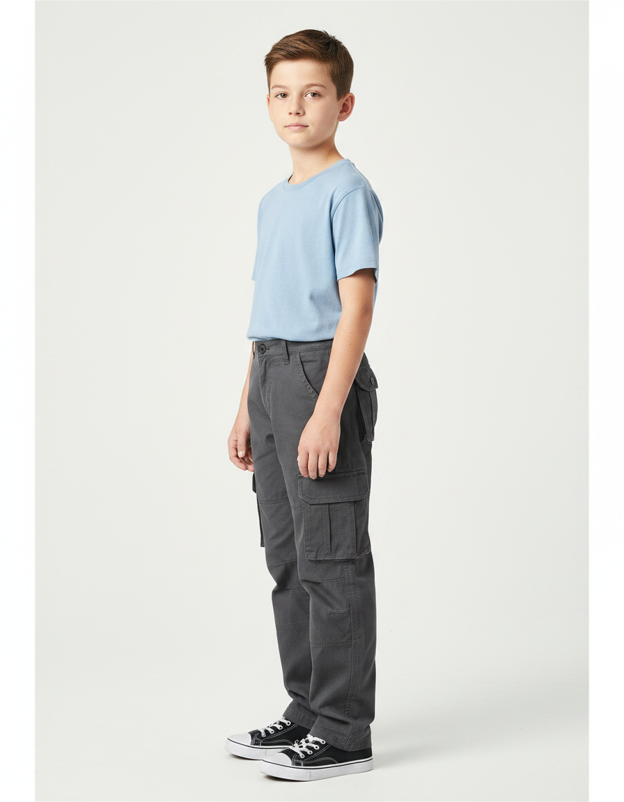 Pantalon Gris Cargo Coton Ample Garçon Décontracté - Toile